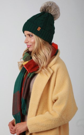CZAPKA Zimowa Damska polar warkocz ZIELONA A6