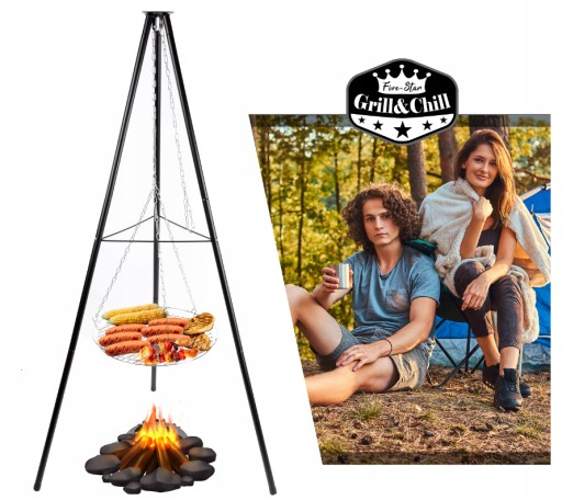 GRILL OGRODOWY WISZĄCY PALENISKO TRÓJNÓG DUŻY 50CM RUSZT OGNISKO WĘGLOWY
