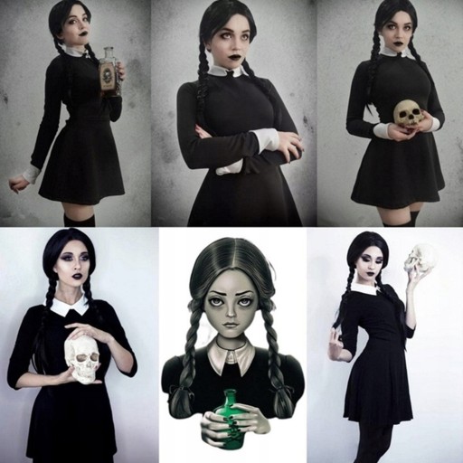 PERUKA DŁUGIE CZARNE PROSTE WŁOSY WARKOCZE PARTY COSPLAY WEDNESDAY ADDAMS