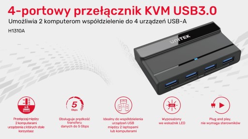 KVM-переключатель Unitek H1310A, 4 порта USB, 5 Гбит/с, активный