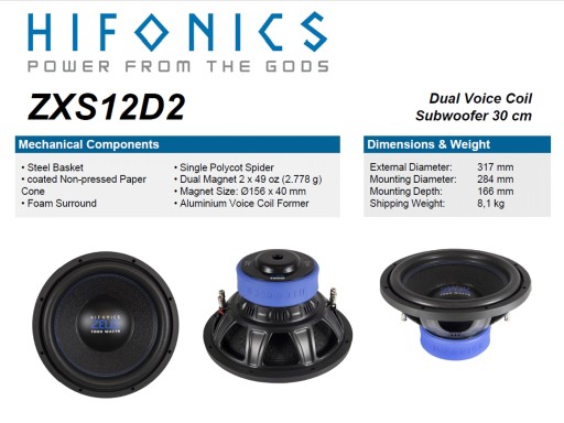 HiFonics ZXS12D2 500Rms 2x2 Ом 1000Макс Новый