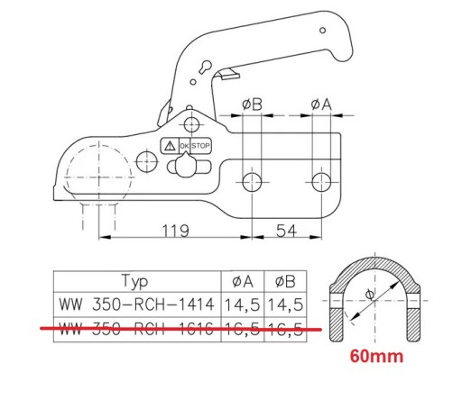 WOZEKLAWETA Zaczep Kulowy Winterhoff 3500kg 60 M14