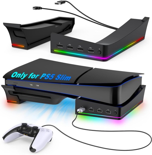 Poziomy stojak RGB do konsoli PS5 Slim z 14 trybami oświetlenia i 4 koncentratorami USB