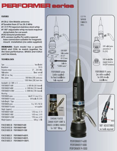 ANTENA CB SIRIO PERFORMER 800 PL ORYGINAŁ 165cm