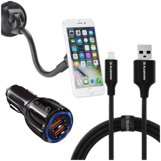 UCHWYT SAMOCHODU TELEFON KABEL DO IPHONE ŁADOWARKA