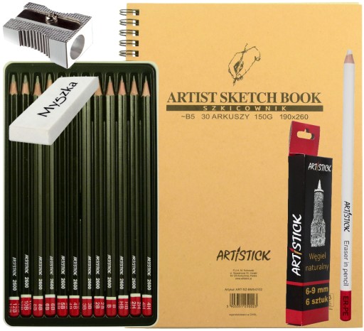 SKETCHBOOK B5 ARTISTICK КАРАНДАШИ 4H-B12 УГОЛЬНЫЙ ЛАСТИК