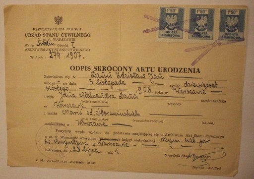 КРАТКАЯ КОПИЯ СВИДЕТЕЛЬСТВА О РОЖДЕНИИ - рожден. 3 ноября 1906 г., ВАРШАВА 23 июля 1951 г.
