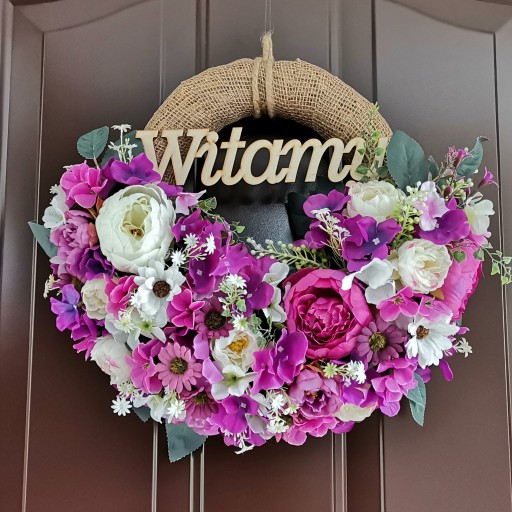 Весенний приветственный венок WELCOME, розовый, 40 см, на дверь, цветы, цветы