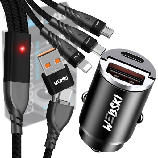 SZYBKA ŁADOWARKA SAMOCHODOWA USB USB-C 5A 30W + KABEL UNIWERSALNY 6W1 USB C