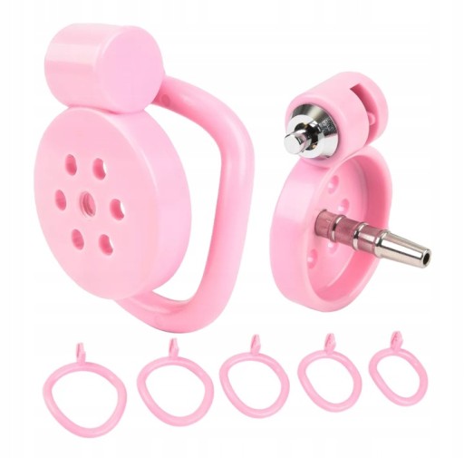MAŁY RÓŻOWY PŁASKI PAS CNOTY CHASTITY CAGE 5 PIERŚCIENI + DILATOR