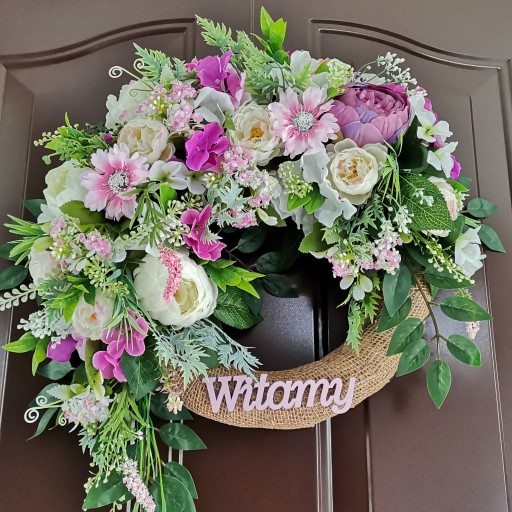 Wianek wiosenny weselny powitalny WITAMY różowy na drzwi kwiaty kwiatki