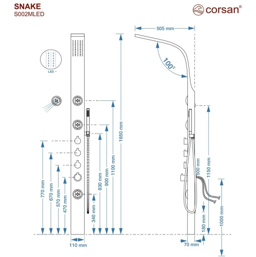 Panel prysznicowy Corsan SNAKE Mieszacz Stal GunMetal Deszczownica LED