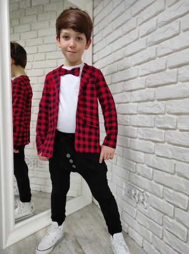 Marynarka z dresówki czerwona krata Style Kids 140