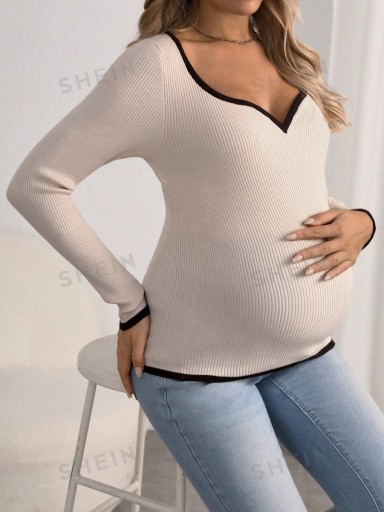 SHEIN MATERNITY SWETER BEŻOWY PRĄŻKOWANY DOPASOANY L 326