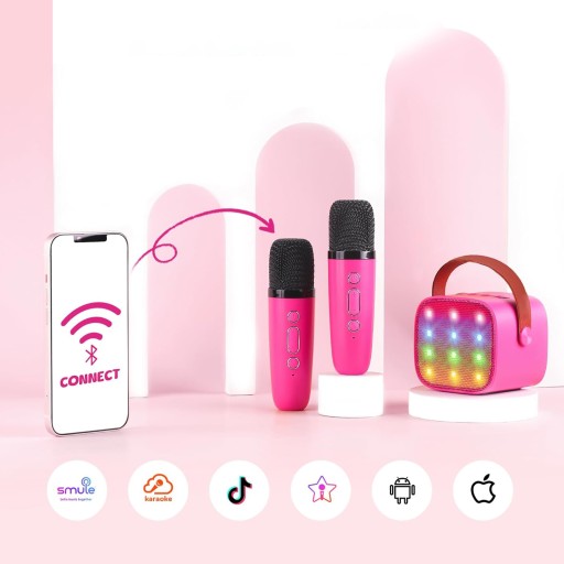 GŁOŚNIK BLUETOOTH PRZENOŚNY KARAOKE Z 2 MIKROFONAMI RÓŻOWY