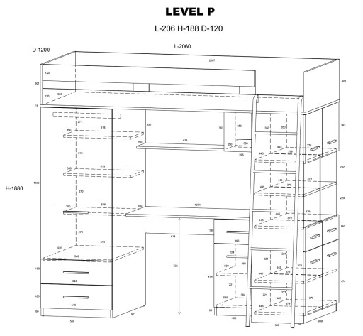 Кровать двухъярусная антресольная LEVEL P крафт графит б.