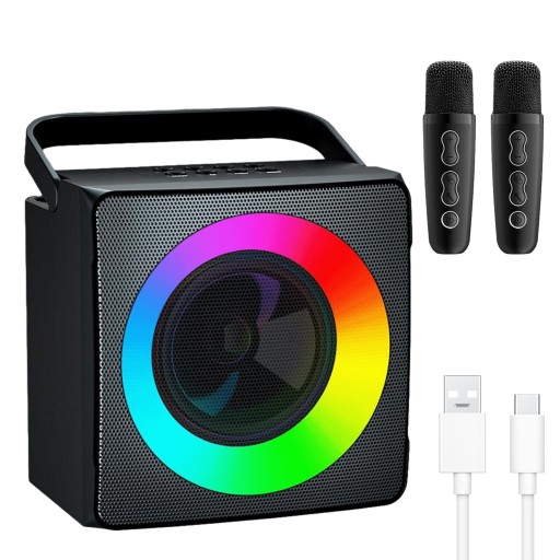 PRZENOŚNY GŁOŚNIK KARAOKE Z BLUETOOTH 5.0 I LED I 2 MIKROFONAMI