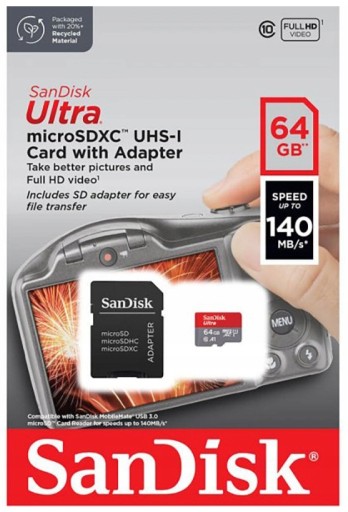 КАРТА ПАМЯТИ SanDisk ULTRA MICROSD SDXC A1 64 ГБ 140 МБ/С + АДАПТЕР FULLHD