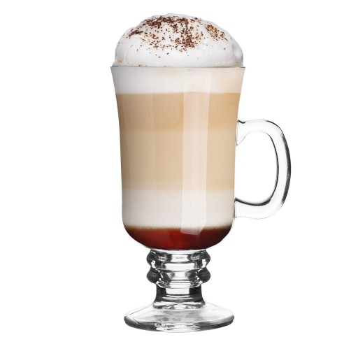 SZKLANKI DO KAWY na nóżce 6 sztuk KUBKI Z UCHEM ze złotymi łyżeczkami 240ml