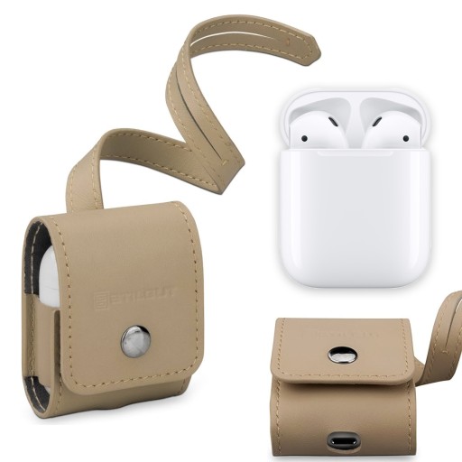 STILGUT SKÓRZANE ZAMYKANE ETUI CASE Z PASKIEM do APPLE AIRPODS 1 / 2 BEŻOWY