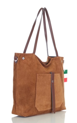 VERA PELLE Włoska Zamszowa torebka shopper SKÓRA NATURALNA Długie rączki