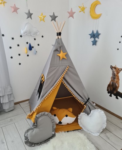 NOWOŚĆ! Namiot Tipi GRAFIT pomponikami +poduszki