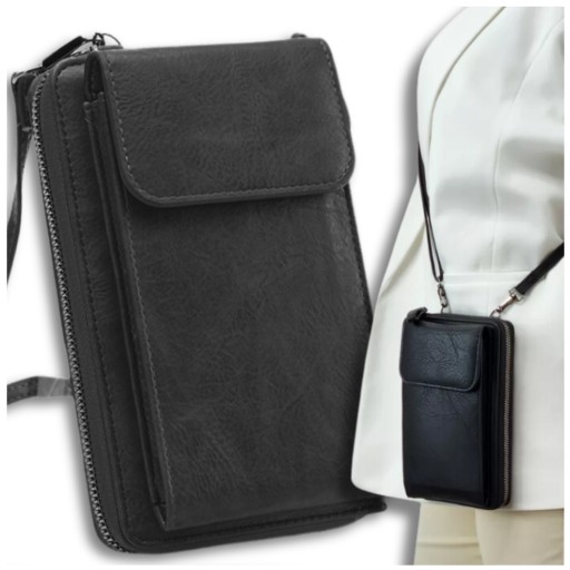 Kopertówka TOREBKA damska elegancka skórzana Czarna NA TELEFON PORTFEL Etui