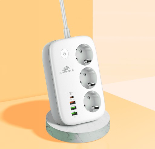 Удлинитель SMART WiFi Tuya с розетками: 3 розетки переменного тока, 4 порта USB, длина 2 м, Spacetronik