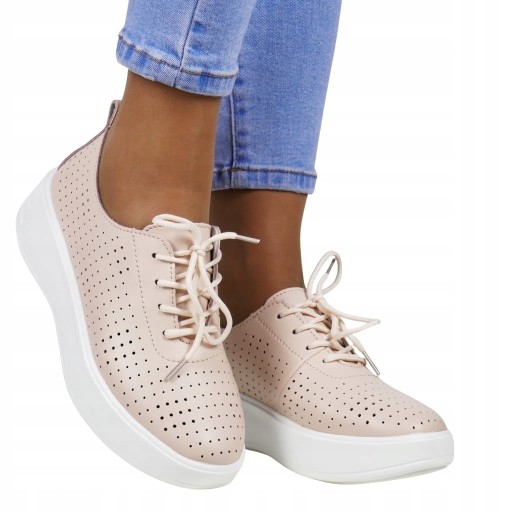 DAMSKIE PÓŁBUTY SNEAKERSY AŻUROWE ZE SKÓRY NA KOTURNIE RÓŻOWE PASTELOWE