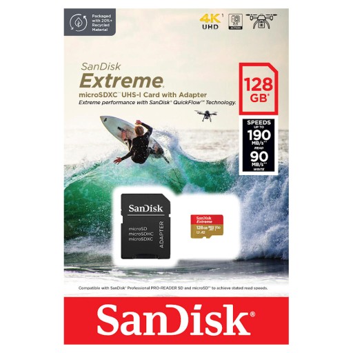 Карта памяти SanDisk microSD 128 ГБ Extreme 190/90 МБ/с ActionCam UHS-I U3