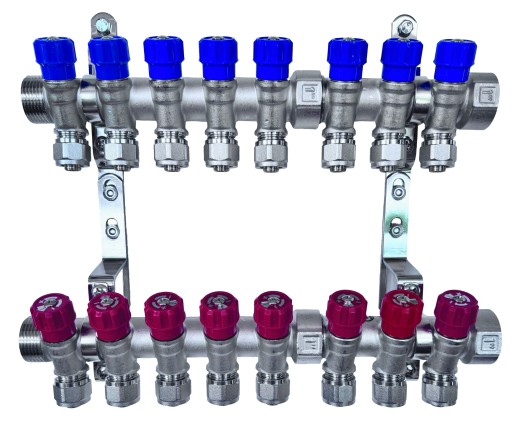 РАСПРЕДЕЛИТЕЛЬ X-HOME PEX 1” x 16 мм 8 КОНТУРОВ ХОЛОДНОЙ ВОДЫ 8 КОНТУРОВ ГОРЯЧЕЙ ВОДЫ