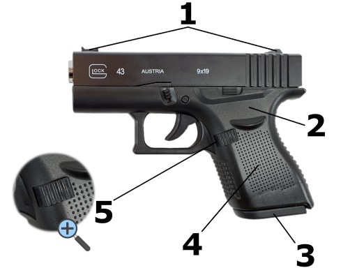 GLOCK 43 МЕТАЛЛИЧЕСКИЙ ШАРОВОЙ ПИСТОЛЕТ ASG, ЧЕРНАЯ ИМИТАЦИЯ ПИСТОЛЕТА