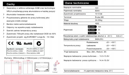 Аккумулятор ENERBLOCK JM12-80Ah AGM, 12 лет