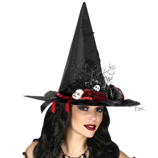 KAPELUSZ halloween CZAROWNICA czarny wiedźma gotycka czaszki dzieci RÓŻE