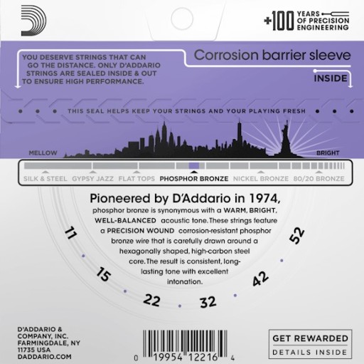 Струны Daddario для акустической гитары из фосфористой бронзы EJ26 11-52