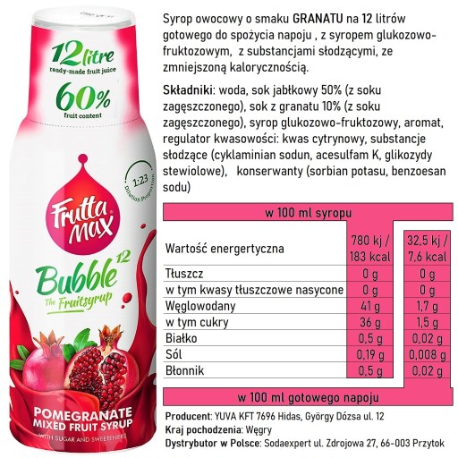 FruttaMax SYROP KONCENTRAT DO NAPOI GAZOWANYCH SMAK GRANAT NA 12l