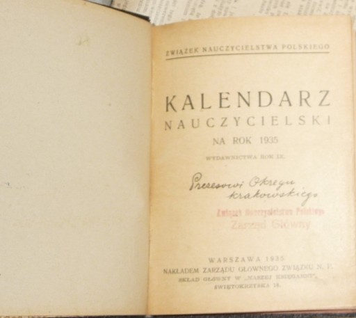 1935 KALENDARZ NAUCZYCIELSKI DEDYKACJA