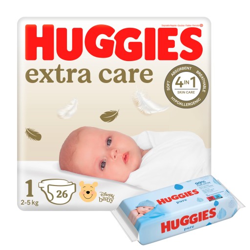 HUGGIES Extra Care Подгузники для новорожденных 1 26 шт +Pure 56 влажные салфетки