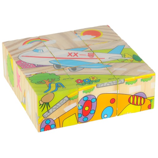 KLOCKI DREWNIANE UKŁADANKA EDUKACYJNE PUZZLE KOSTKI POJAZDY 6W1 ZESTAW 9EL.