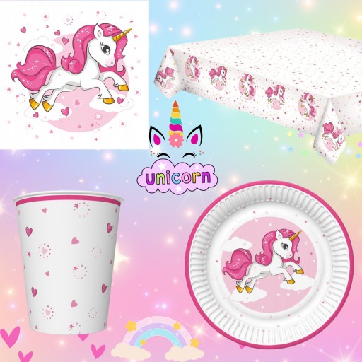 ZESTAW URODZINY UNICORN PAPIEROWE kubki KUBECZKI serwetki JEDNOROŻEC