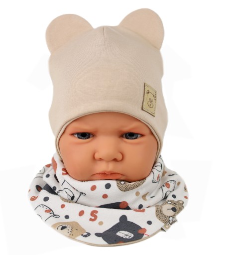 KOMPLET CZAPKA + APASZKA DWUSTRONNA 42-44 WIOSNA / JESIEŃ BEIGE 6m+