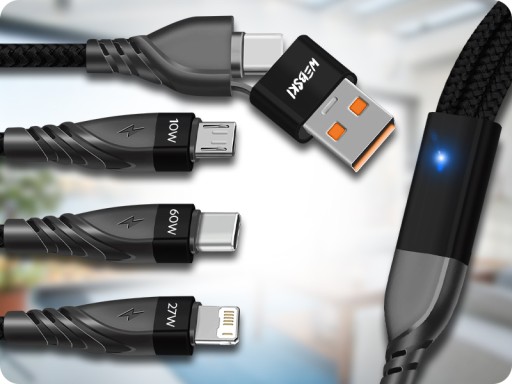 MOCNA SZYBKA ŁADOWARKA SAMOCHODOWA DO TELEFONU 2X USB 2X USB C + KABEL 6W1