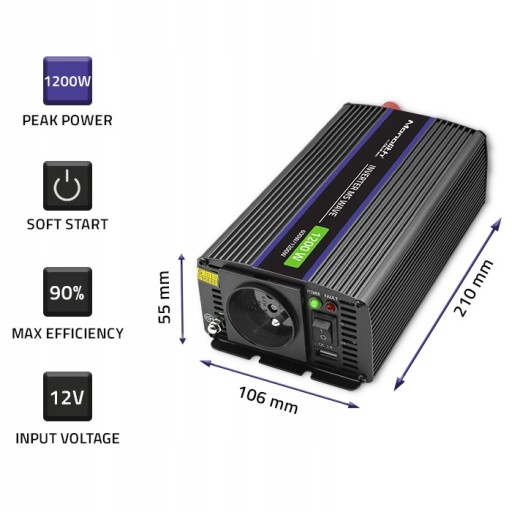 Qoltec Monolith 1200 MS Волновой преобразователь 12 В/230 В 600/1200 Вт USB