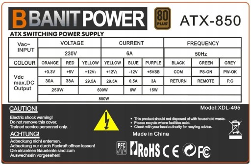 БЛОК ПИТАНИЯ ATX 850 Вт 80+ 14 СМ 4xSATA 2xMOLEX 2xPCI-e 800Вт