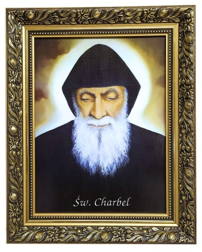 ŚWIĘTY CHARBEL OBRAZ W ZDOBIONEJ ZŁOTEJ RAMIE