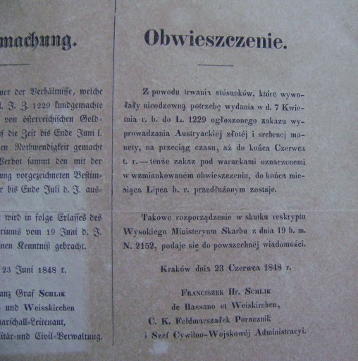 ОБЪЯВЛЕНИЕ - КРАКОВСКИЙ документ 1848 г.