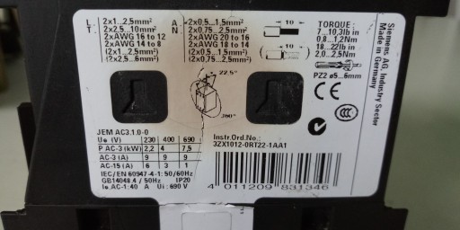 Релейный контактор 3RT2023-1BB40 Siemens 24V