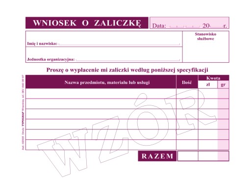 DRUK 02005 WNIOSEK O ZALICZKĘ A6 TYPOGRAF