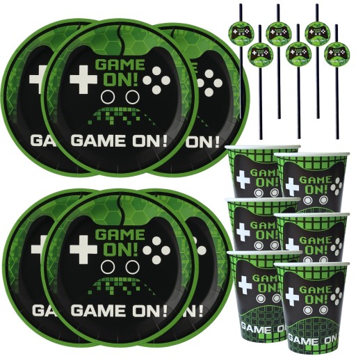 ZESTAW GAMINGOWY Talerze Kubki Słomki Jednorazowe PIXEL Gracz GAMER 6 osób