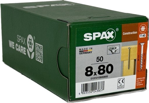 Wkręty uniwersalne do drewna 8 x 80mm SPAX WIROX BIT T-40 stożek 50szt